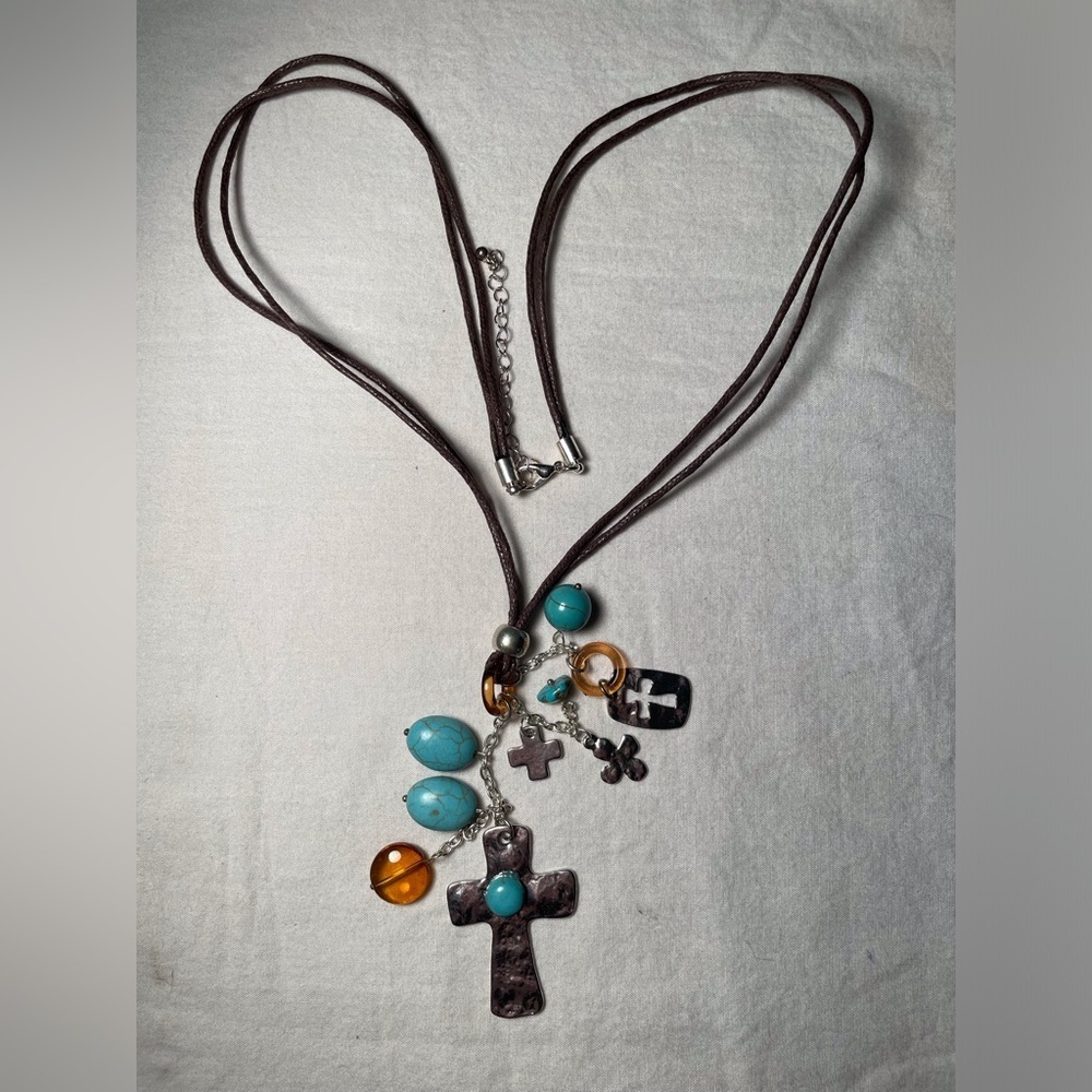 Cross Charm Necklace Silver with Turquoise